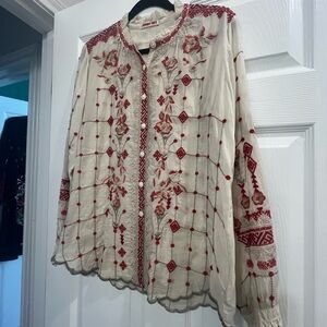 Johnny Was Embroidered Cream and Red Women's Top